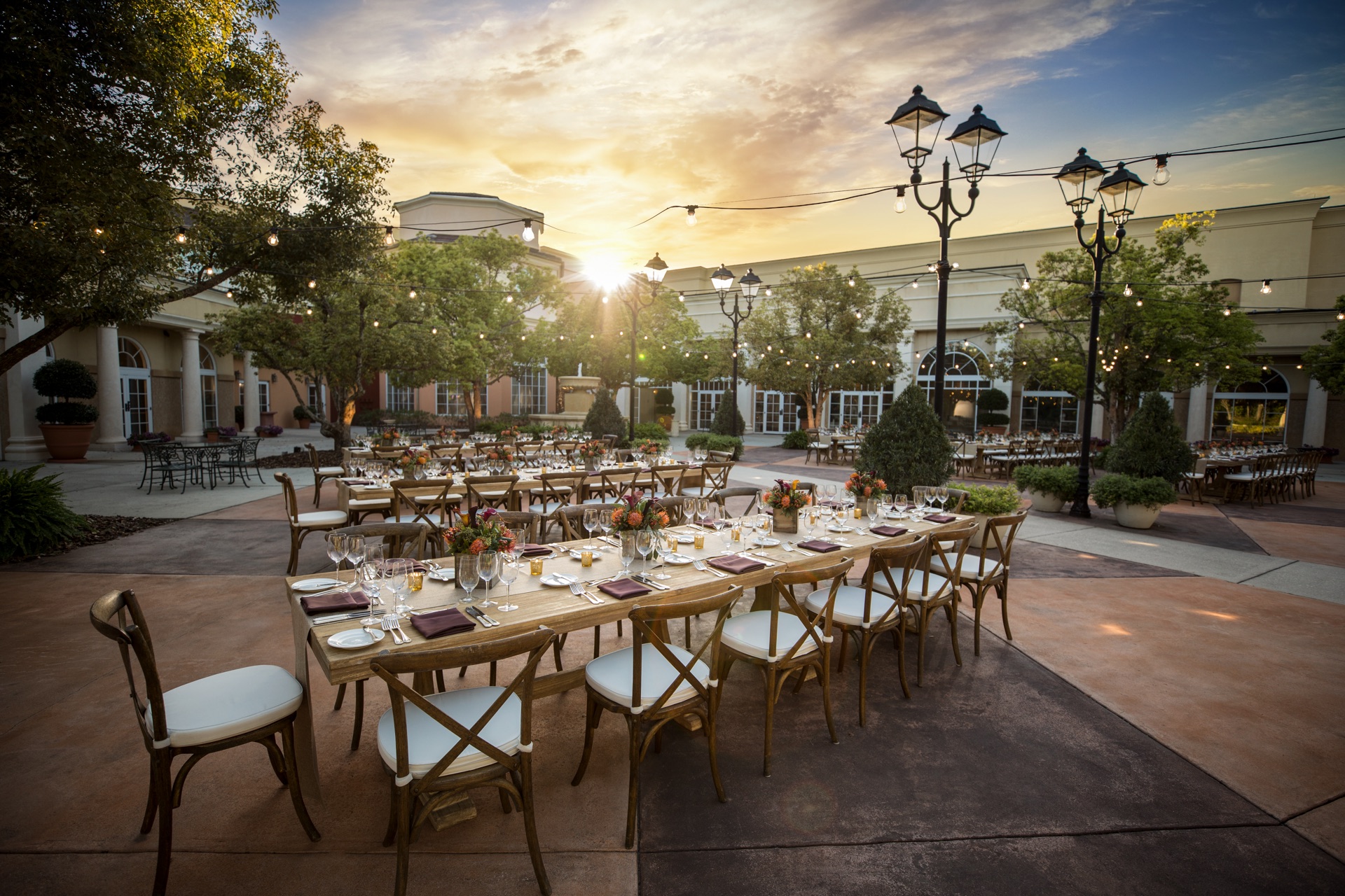 Citrus Piazza set for an outdoor evening reception at Loews Portofino Bay Hotel.