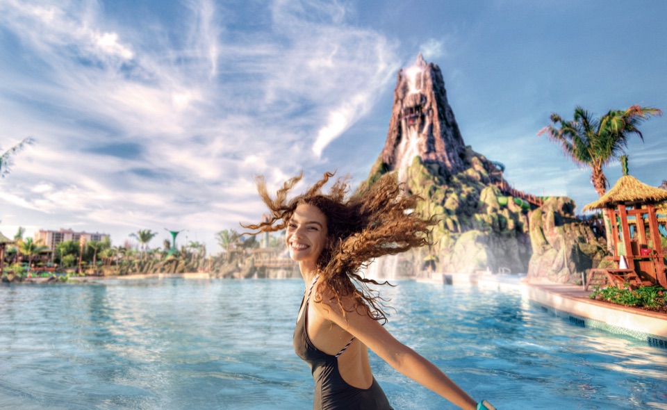 Universal Volcano Bay water park with the iconic Krakatau volcano centerpiece.
